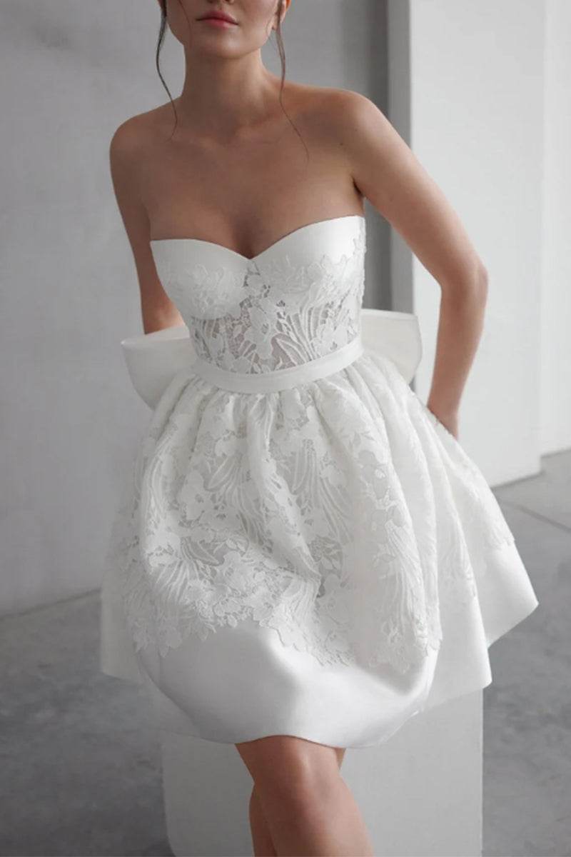 A-Line Mini Lace Satin Little White Dress 1665114750 - COCOMELODY